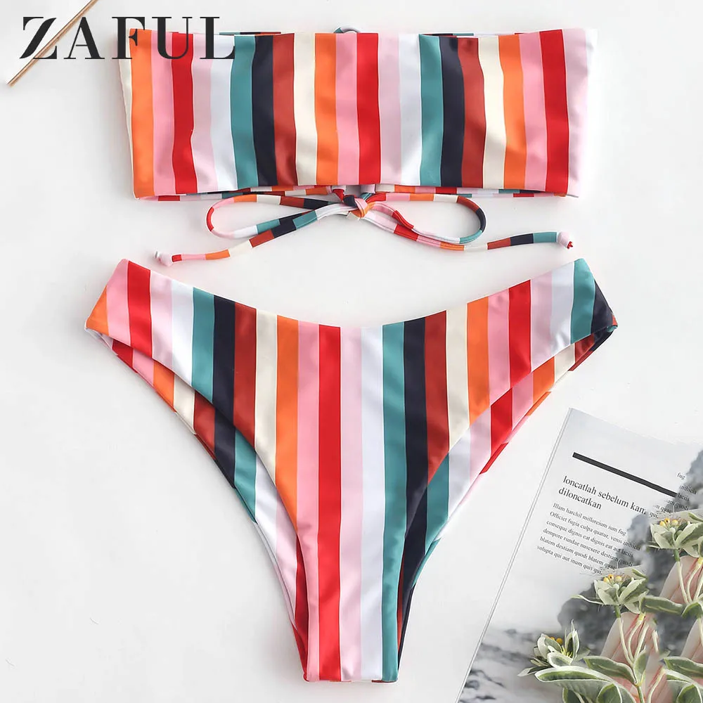 ZAFUL бикини радуга зашнуровать без бретелек push up в полоску купальник купальный