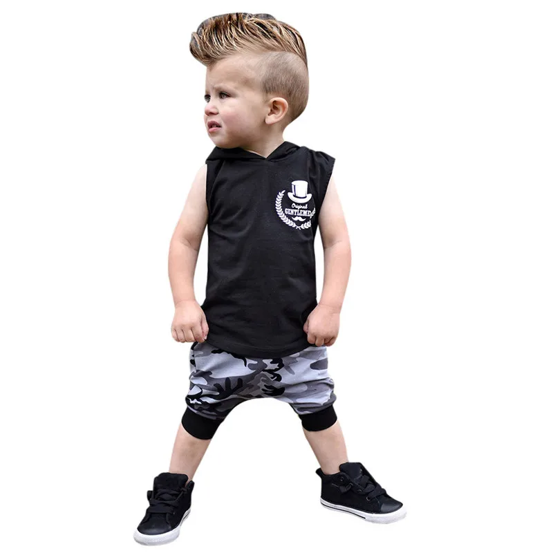 Children's clothes summer new Toddler Kids Baby Boy Outfits Letter Print Hooded Vest Tops+Camouflage Pants Set #3A25 |