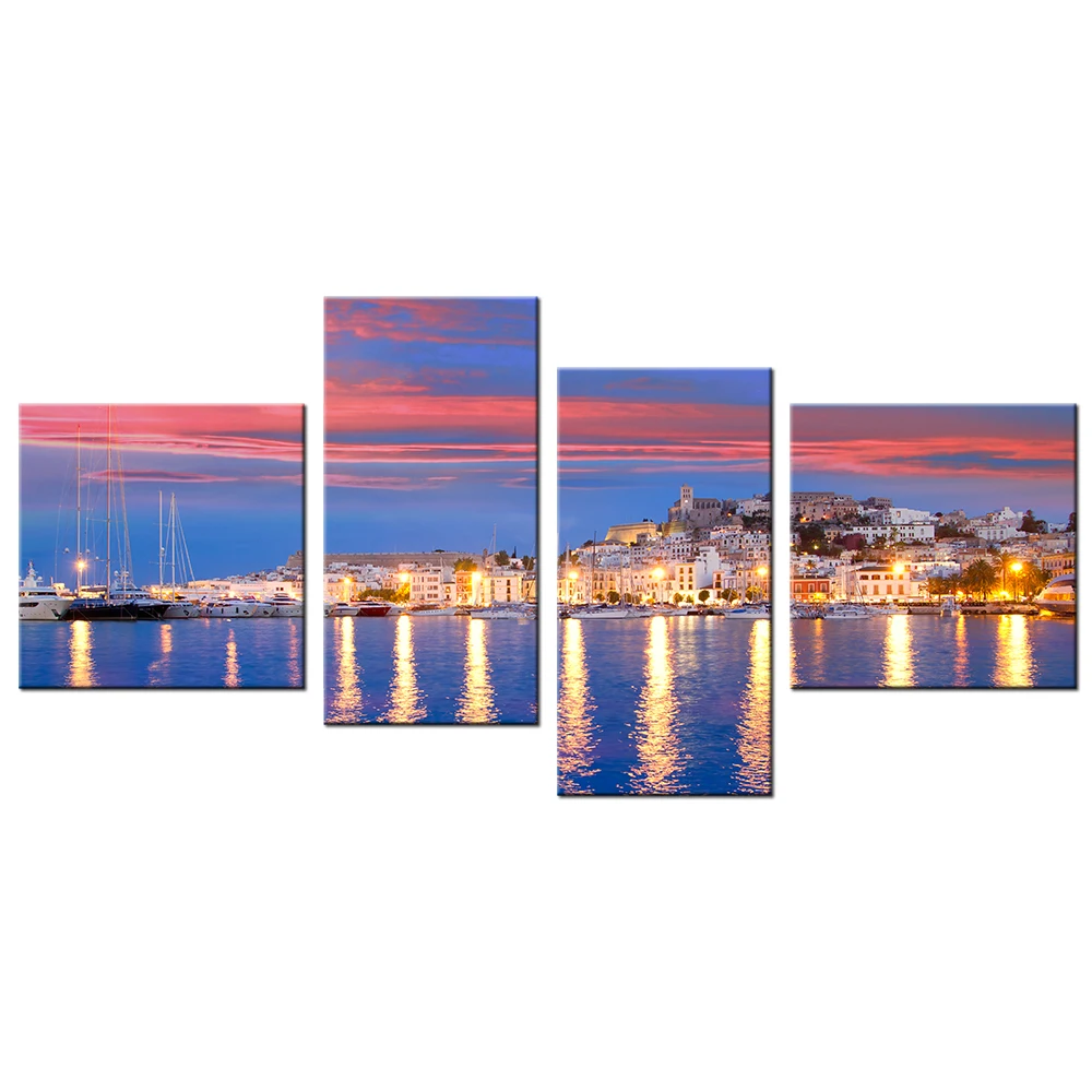 Пейзаж живопись Испания Ибица Ночная яхта с дома огни плакат холст современный