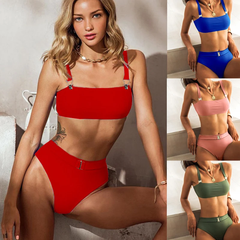 Женское бикини пуш ап с завышенной талией розовое/красное|Купальники| |