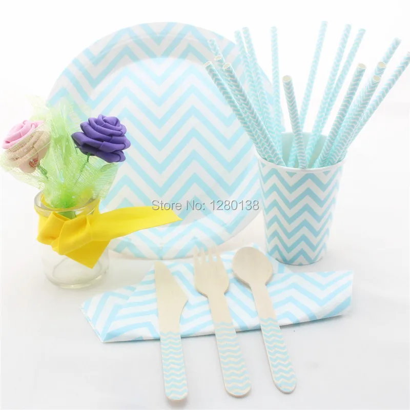 

Light Blue Party Paper Tableware Products Wedding Table Setting Boys Baby Shower Paper Plates Cups Napkins Straws Wooden Utensil