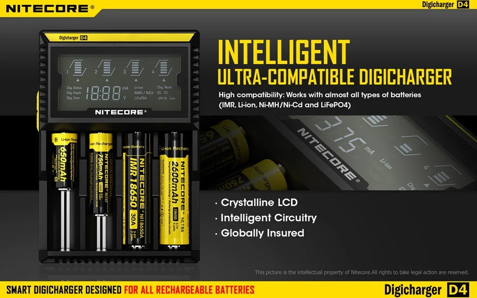 Новое зарядное устройство Nitecore D4 Digi с ЖК дисплеем для аккумуляторов