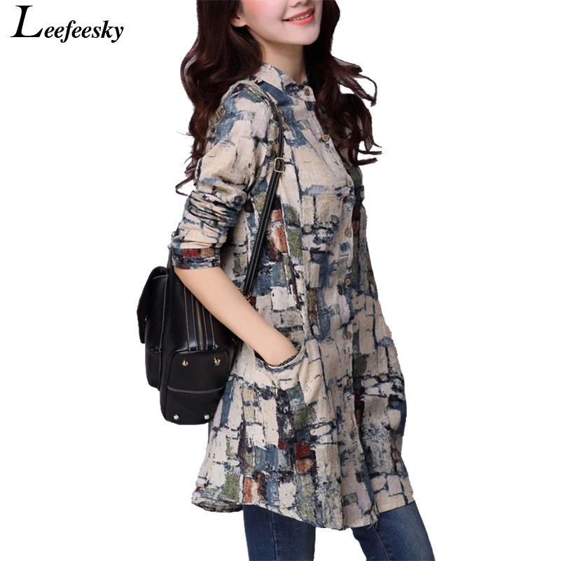 Рубашка женская льняная с длинным рукавом и принтом|female clothing|tribal print blousesprinted blouse |