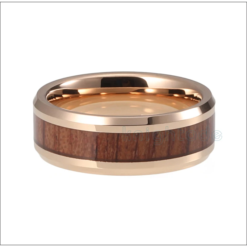 Rose Gold 8mm Tungsten Wedding Band Koa Wood Inlay Men Women Engagement Ring Beveled Edges