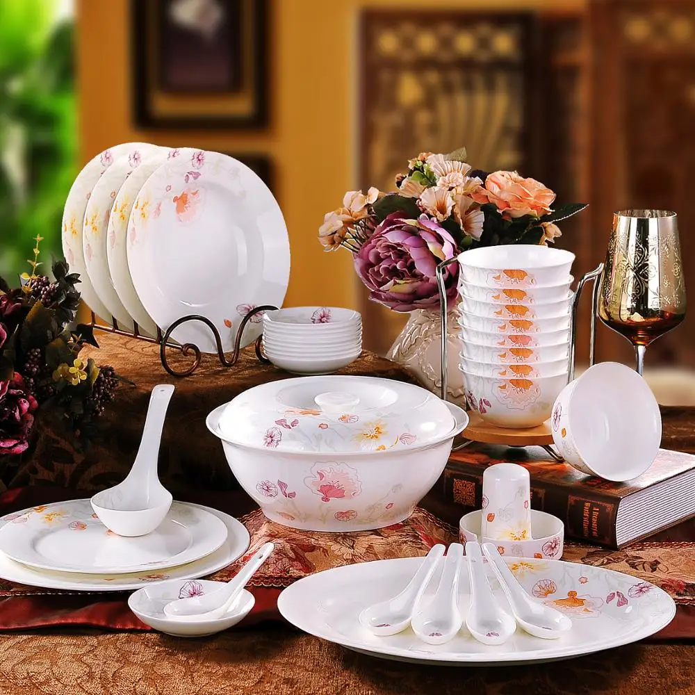 guci Bowl set Jingdezhen 56 head bone china tableware suit pottery dish Set Wedding Gift | Дом и сад