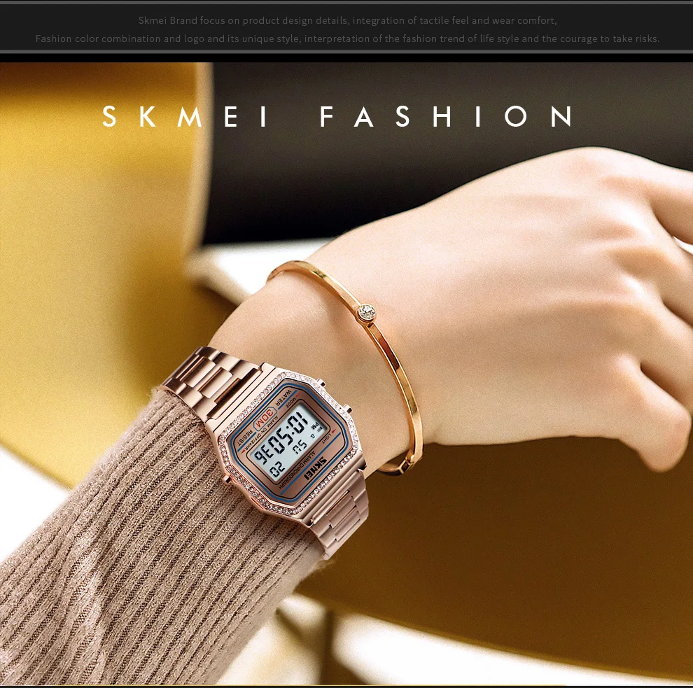 SKMEI, новые модные женские часы, цифровые часы, 30 м, водонепроницаемые, с дисплеем недели, чехол, сплав, цифровые наручные часы, Relogio Feminino 1474