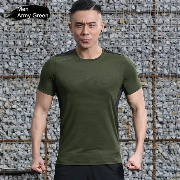 Men Army Green RAY GRACE футболка для фитнеса для влюбленных быстросохнущая футболка с короткими рукавами дышащая Светоотражающая футболка для бега и тренировок топы для спортзала для мужчин и женщин - Цвет: Men Army Green