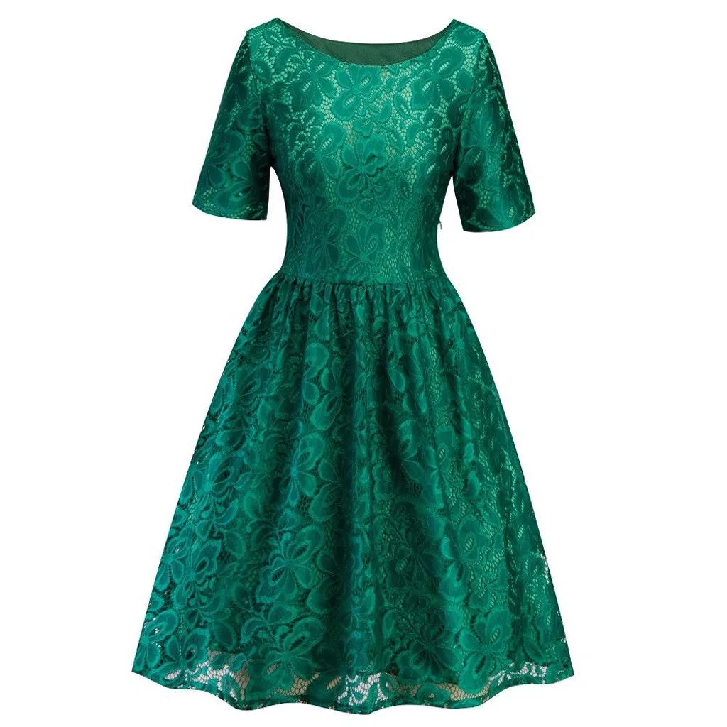 Green Sleeper#401 NEW FASHION Women's Vintage Lace Formal Wedding Eveningdress Party Ladies Swing solid Dress hot Free Shipping - Цвет: Green