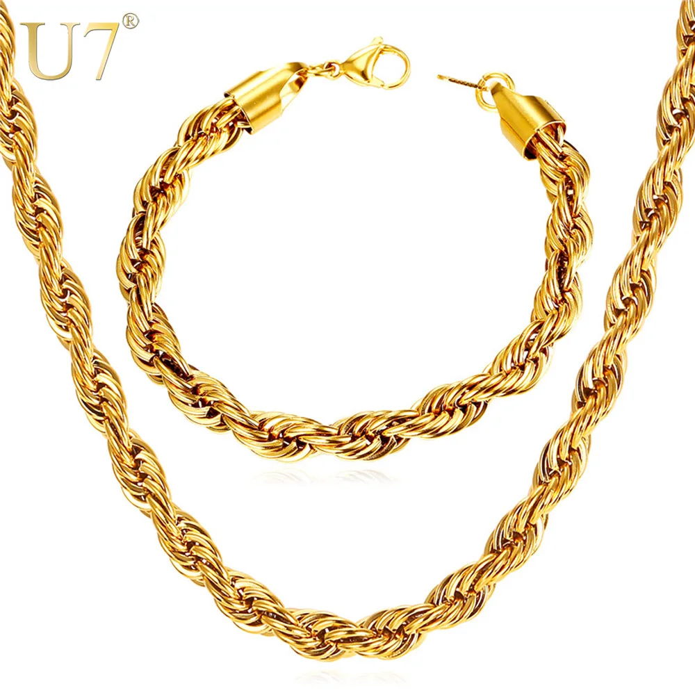U7 Черный/ Позолоченный Широкие Веревки Цепи Ожерелье Браслет Ювелирные Наборы