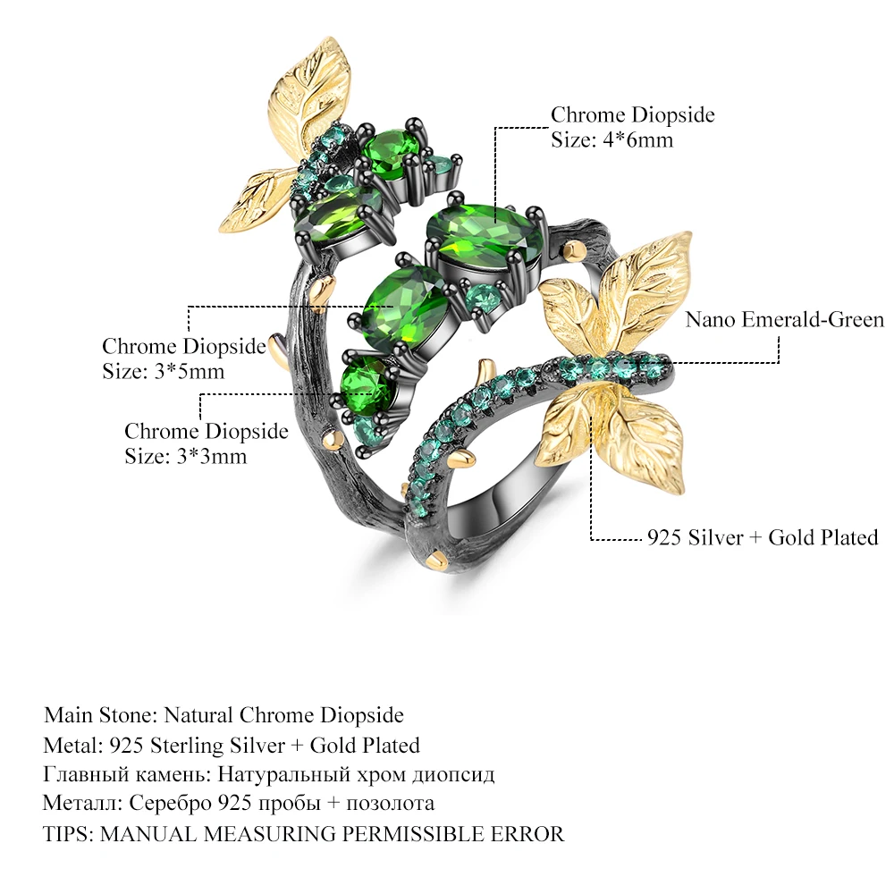 GEM'S BALLET 1.81Ct натуральный хром диопсид бабочка на ветке кольца 925 пробы серебро ручной работы регулируемое кольцо для женщин