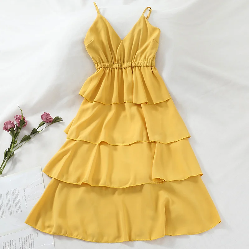 Женское шифоновое платье без рукавов однотонное Элегантное Длинное с оборками