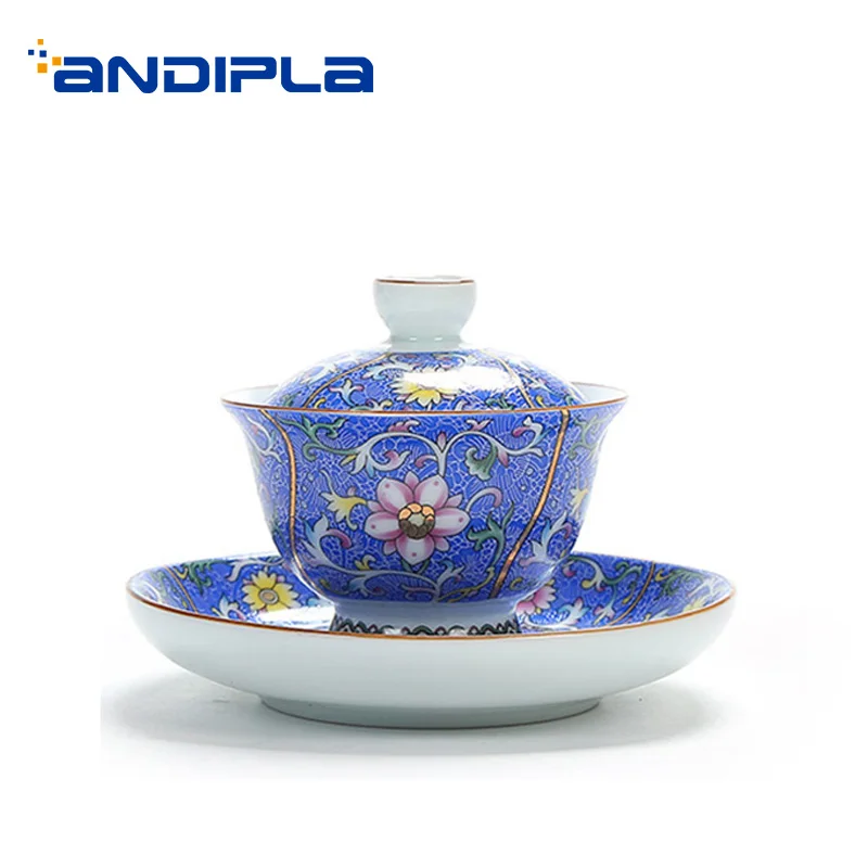 Яркий эмалированный цветной Gaiwan китайский стеклянный комплект блюдце с крышкой