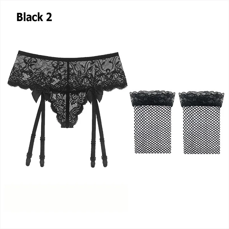 black 2 Сексуальное прозрачное эротическое женское белье с бантом, кружевной пояс для чулок трусики-танга, Сексуальное белье аксессуары - Цвет: black 2