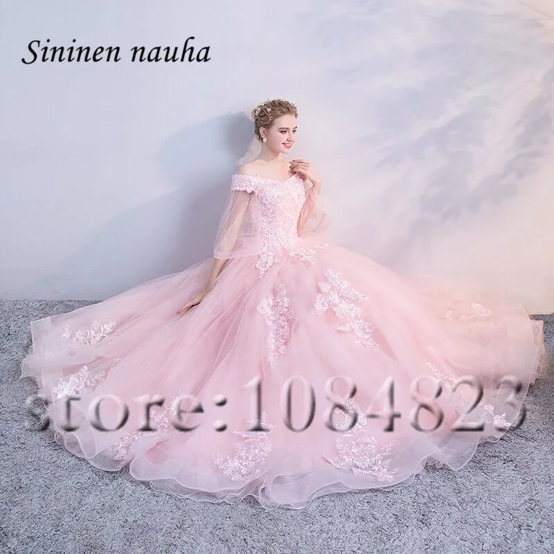 Розовое платье Quinceanera с открытыми плечами и рукавами аппликацией бальное размера