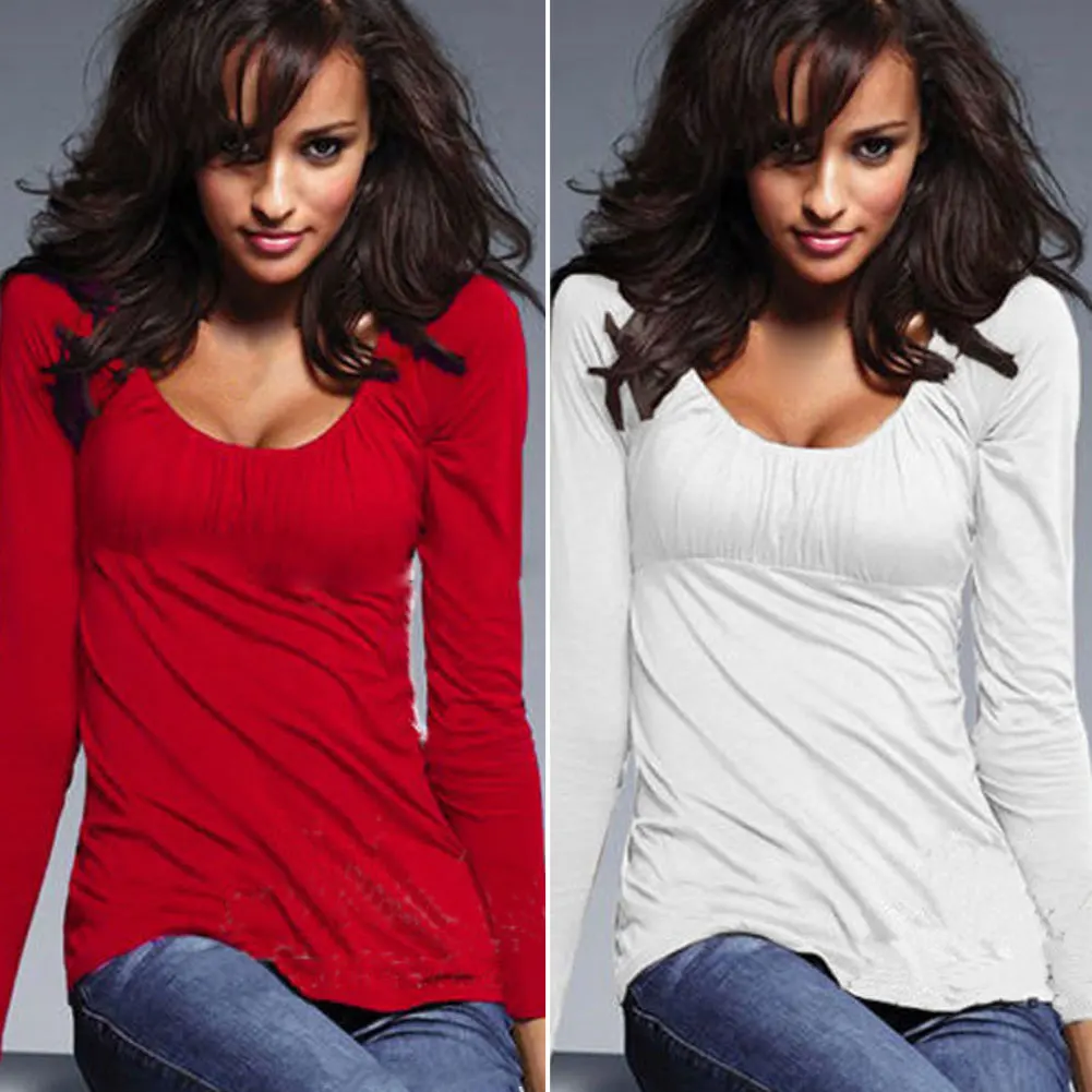 Новинка весна осень женская сексуальная круглая шея плиссированная футболка с