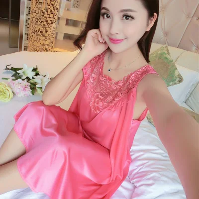 Silk satin nightgown 5XL Летняя шелковая ночная рубашка женская однотонная Пижама Женская атласная кружевная ночная рубашка шелковая сексуальная ночная рубашка женское домашнее платье для сна L-3XL 4XL - Цвет: Silk satin nightgown