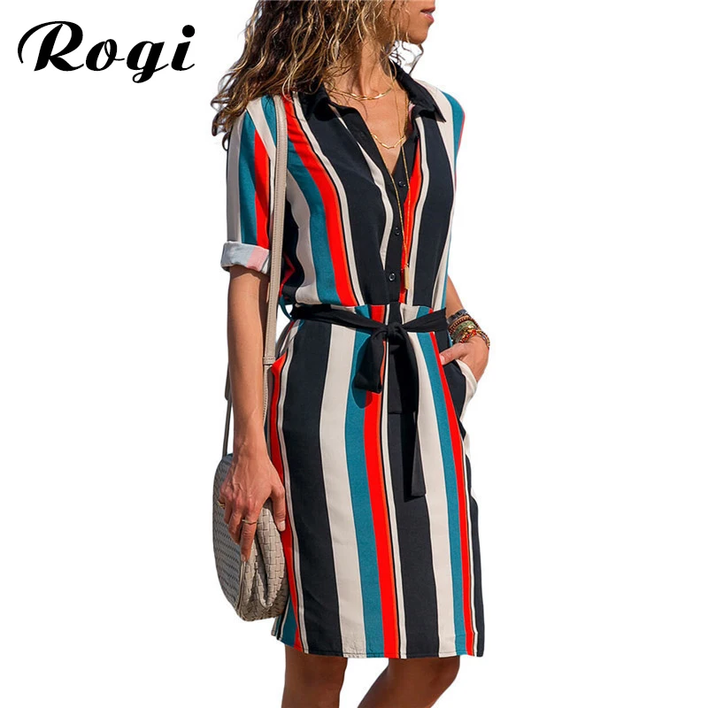 Rogi 2019 Весенняя рубашка платье Для женщин Повседневное с длинным рукавом принтом