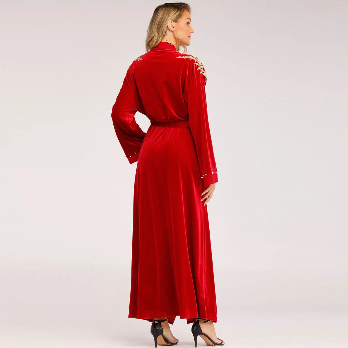 

Trench Coat for Women Cardigan with Sashes Middle East Abaya Muslim Long Sleeve Robe Gold Velvet Embroidery Kimono Trench TA1701