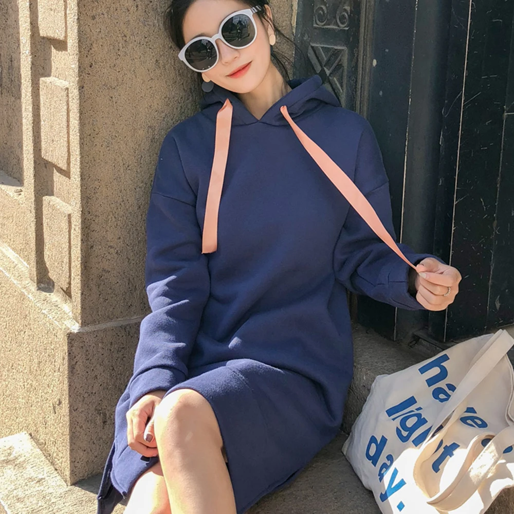 Зимнее плотное худи платье однотонные толстовки для женщин Kawaii уличная готика
