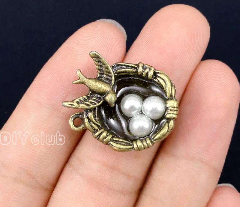 

15pcs-Antique Bronze 3D Bird Nest Charms Pendant, Egg Charms 24x20x10mm