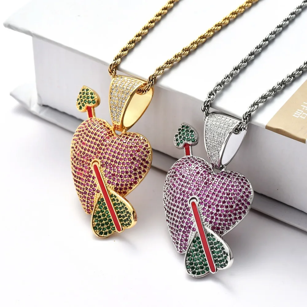

TOPHIPHOP Heart with Arrow Necklace & Pendant Gold Silver Color Chain AAA Cubic Zircon Men's Hip hop Jewelry For Gift