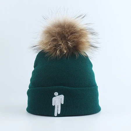 Новая мода Billie Eilish Beanie Hat Женская Мужская зимняя шапка настоящая шапка с меховым помпоном Harajuku Хип-хоп Skullies Beanies - Цвет: dark green