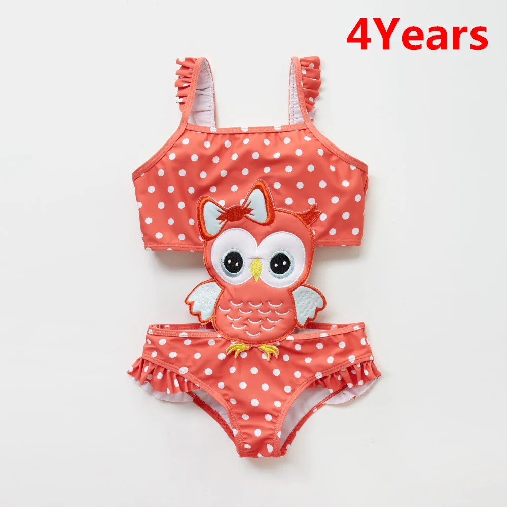 4Years Kavkas/Одежда для купания для девочек 12 мес.-8 лет, детский купальный костюм, детский купальный костюм с вышивкой в виде совы и рюшами, пляжный цельный купальный костюм, Roupa De - Цвет: 4Years