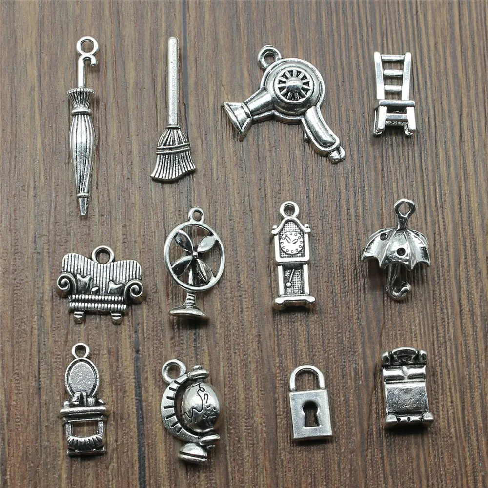 

10 шт ежедневные потребности Подвески Зонтик Фен для волос метла диван Глобус Подвески Ювелирные изделия антикварный серебряный цвет