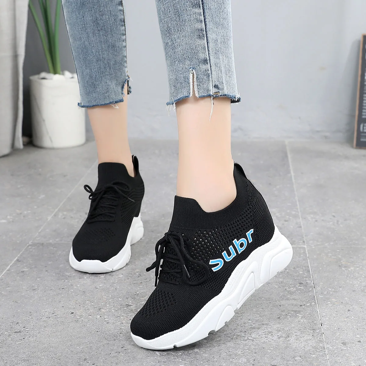 Flying Knit Women's Summer Korean Openwork Mesh Shoes Increased Muffin Thick-soled Breathable Sneakers sneakers women | Обувь