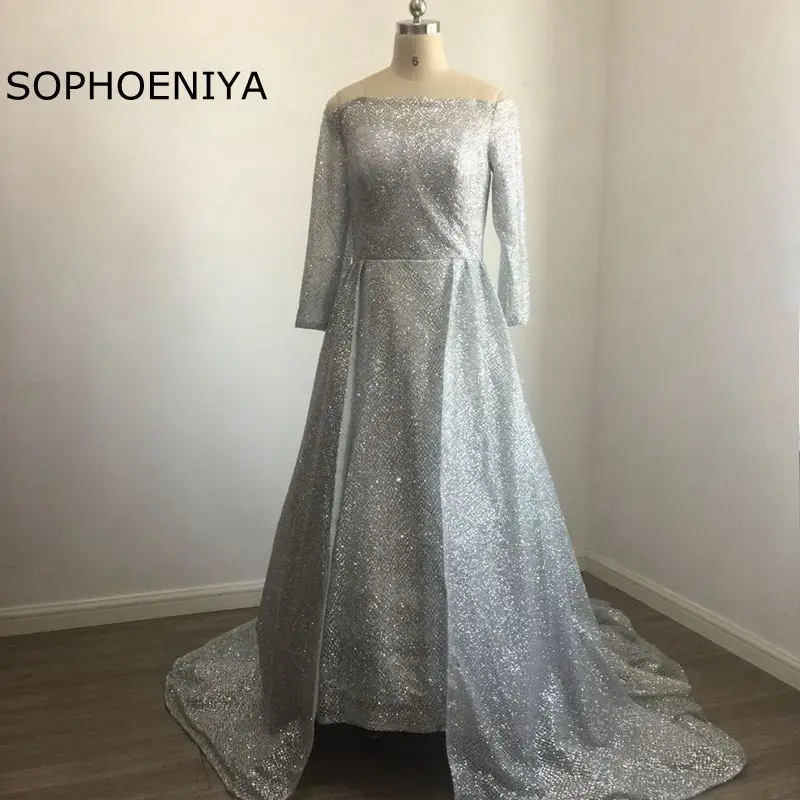 

New Arrival A-Line Long sleeve Evening dress 2021 Sequin Lace Evening gown Arabic Party dresses Vestido de festa