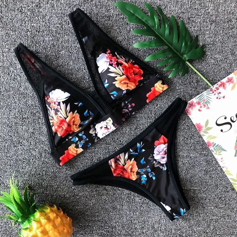 Zkceenier Floral Swimsuit Women Swimwear Sexy Mesh Bikini Bathing Suit Padded Set Beach Wear Bikinis 2019 Mujer Monokini | Женская