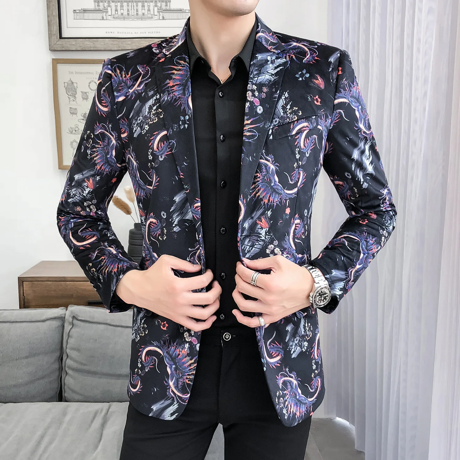 

Traje Hombre 2019 Slim Party Banquet Men's Blazer British Style Pattern Suit Popular Print Veste Homme Costume M-5XL