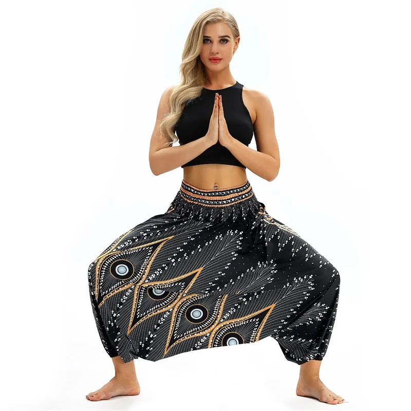 D101636 Raisvern женские пляжные брюки, брюки Boho Gypsy Hippie, Женские Широкие штаны-шаровары с принтом павлиньих перьев, эластичные брюки - Цвет: D101636