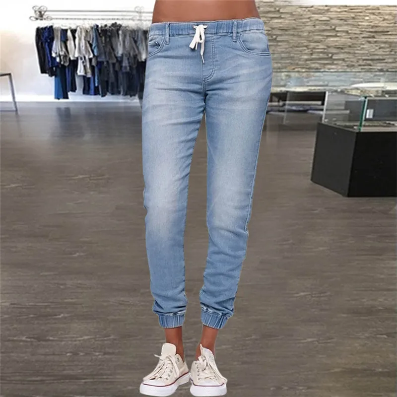 LIGHT BLUE Новинка, осенние женские джинсы, высокая талия, шнурок, шнуровка, повседневные, свободные, длина по щиколотку, модные женские брюки-карандаш размера плюс - Цвет: LIGHT BLUE
