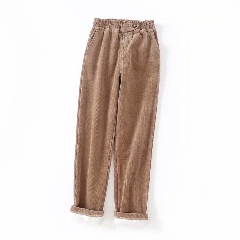 Хаки Winter Corduroy Pencil Pants Women Casual Elastic Waist streetwear Pant Solid High Waist trousers Women Loose Ladies Pants - Цвет: Хаки