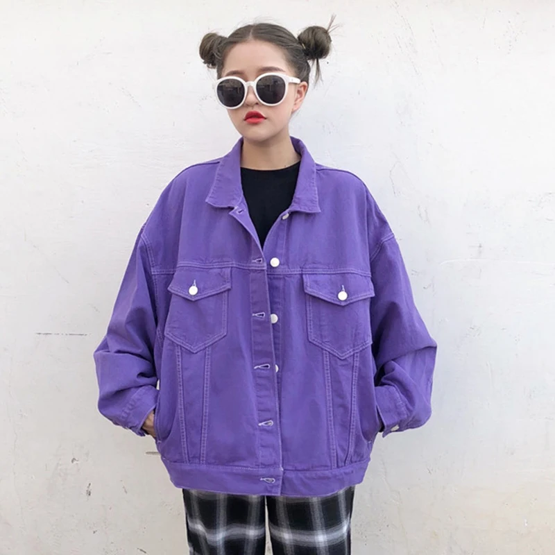 Весенняя винтажная BF Свободная джинсовая куртка Женская Harajuku фиолетовая джинсовая куртка короткая уличная джинсовая куртка Повседневная ветровка