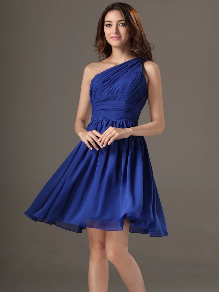 Одно плечо Royal Blue Короткие Подружкам невесты с Бретели для нижнего белья складки