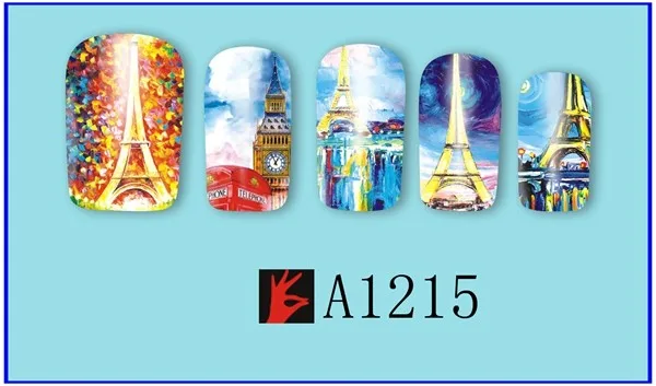 12 упак./лот переводка NAIL ART наклейки на ногти татуировки слайдера с полным покрытием в европейском стиле с оригинальными рисунками "Парижская башня церкви A1213-1224