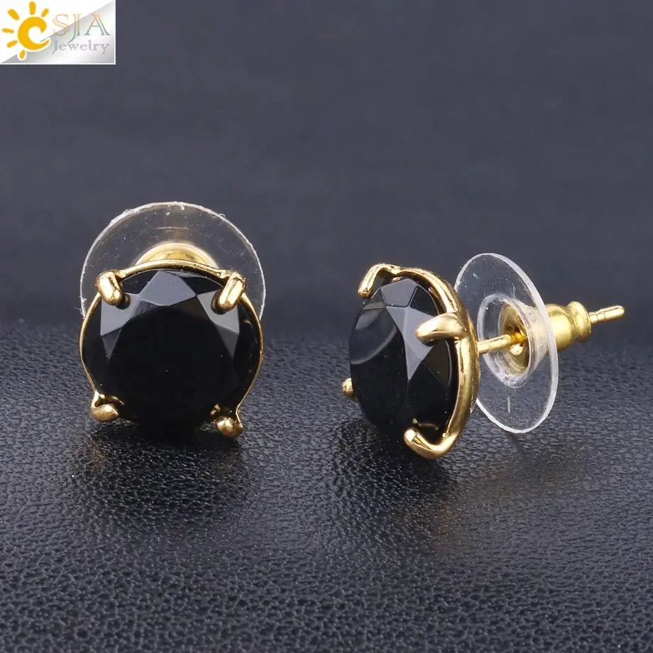 Black Agate CSJA, серьги-гвоздики из натурального камня, круглый розовый кристаллический кварц, драгоценный камень, бусины золотого цвета, простые серьги для женщин, девушек, очаровательные ювелирные изделия F693 - Окраска металла: Black Agate