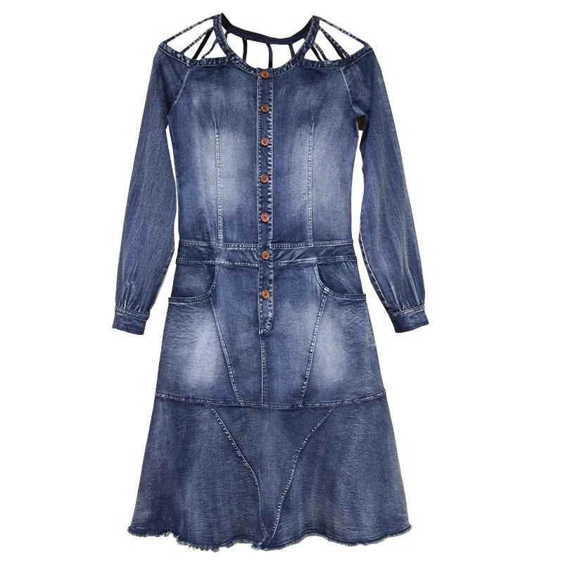 

Spring Fall Fashion Women Hollow Out Long Sleeve Ruffles Bleached Denim Long Dress , Autumn Designer Jeans Dresses For Women
