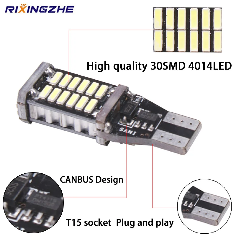 RXZ 2 шт. T15 W16W светодиодный обратный Светильник лампы 920 921 912 С CAN-BUS 4014 30SMD высокого светильник светодиодный использования парковочной Светильник лампы DC12V