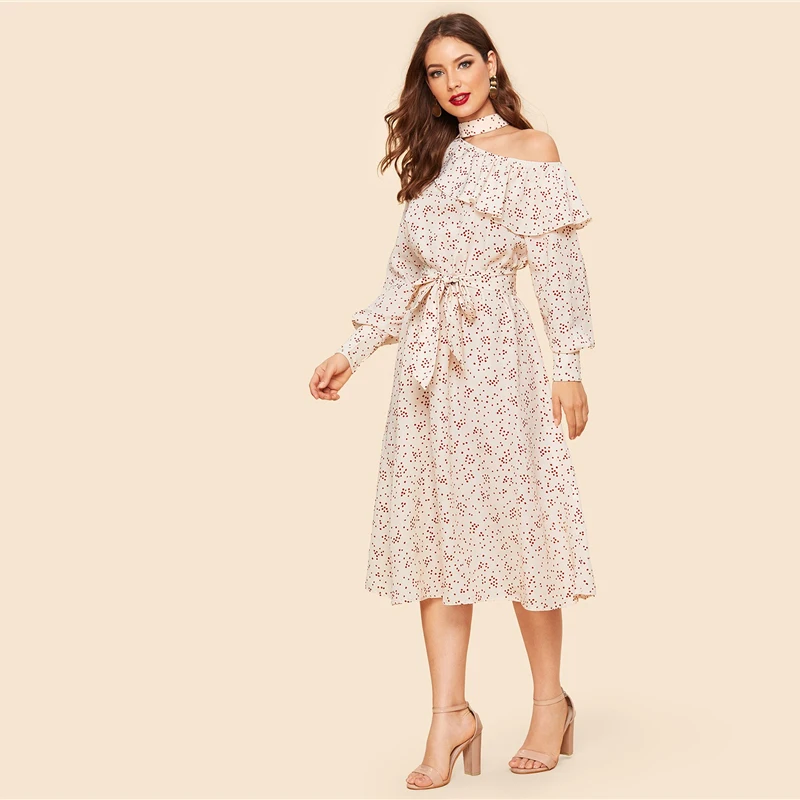 SHEIN винтажное абрикосовое платье с оборками на одно плечо с рукавом с поясом, женское весеннее элегантное Цельнокройное платье миди