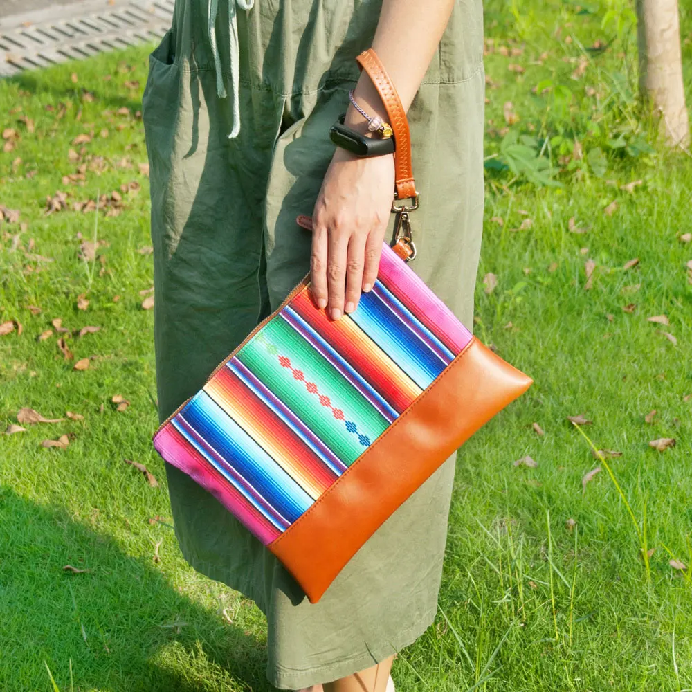 Роскошная косметичка из мягкой холщовой ткани в полоску сумочки с ремешком на