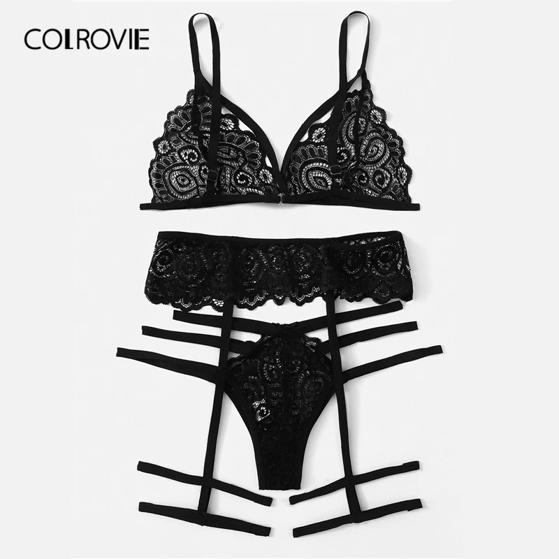 COLROVIE, черный кружевной комплект нижнего белья с подвязками, женское нижнее белье,, красный прозрачный бюстгальтер и стринги, Женский комплект нижнего белья