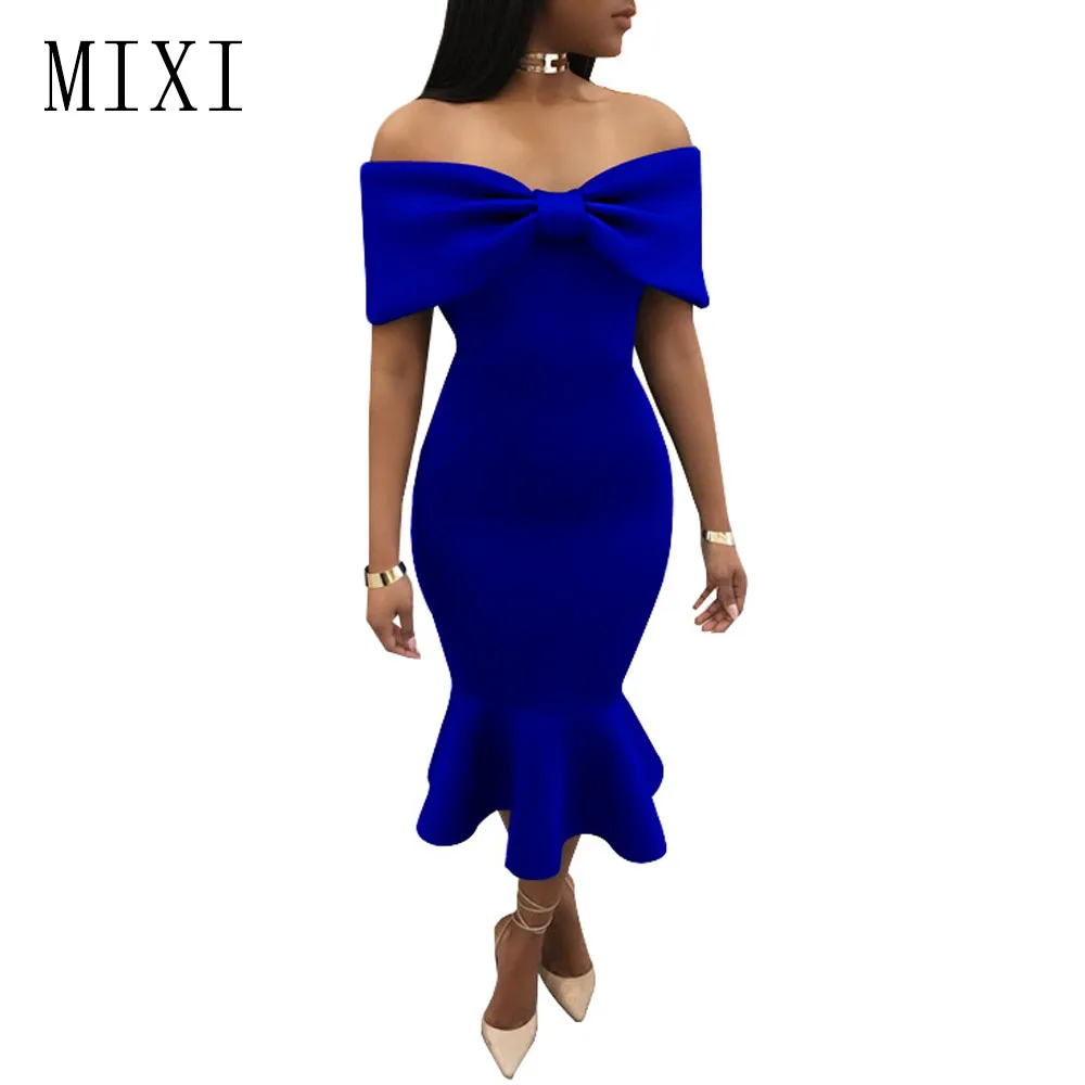 Blue MIXI Vestidos, элегантное женское платье для вечеринки, синее, красное, черное, бант, накидка с открытыми плечами, платье русалки, винтажное, с оборками, облегающее платье - Цвет: Blue