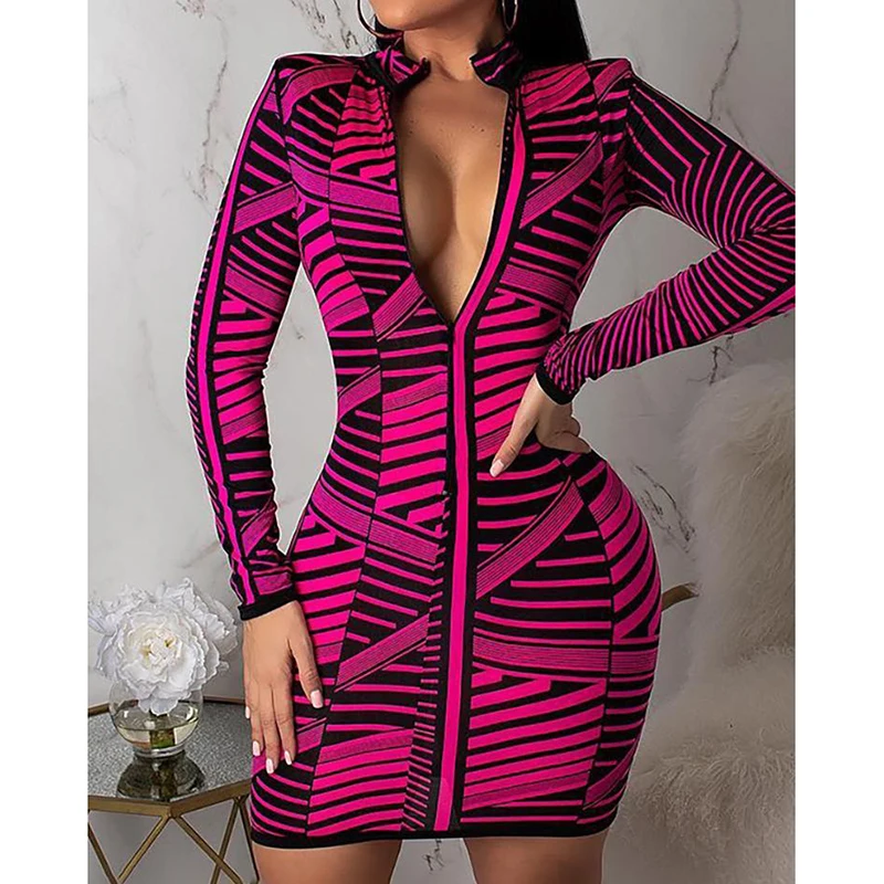 Полосатый принт облегающее платье Для женщин на молнии контраст длинный рукав в