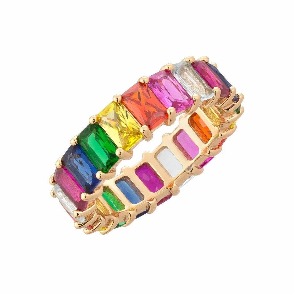 Fashion Gold filled fine jewelry rainbow square baguette cz engagement ring for women colorful cubic zirconia eternity band | Украшения и