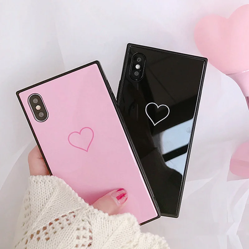 Tfshining Fashion Square Tempered Glass Cell Phone Case for iphone 11 Pro Max X XR XS 6s 7 8 Plus Hard Cute Love Heart Cover | Мобильные