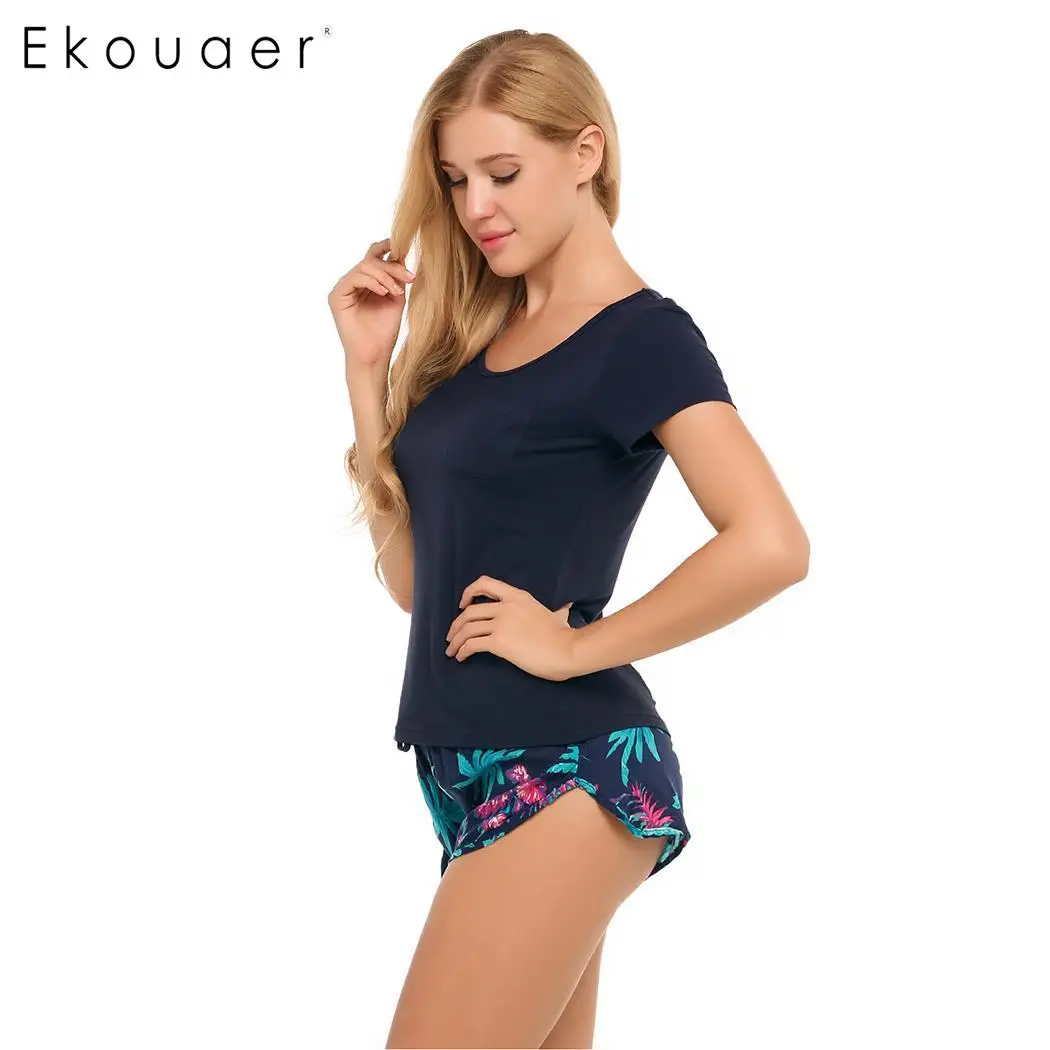 Ekouaer/женские пижамные комплекты из 100% хлопка пижамы с коротким рукавом и круглым