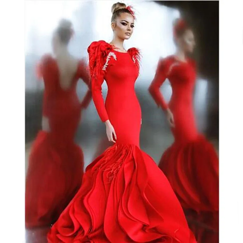 

Fashion Long Sleeves Red Feathers Beaded Evening Party Dresses With Ruffle Mermaid African Prom Gown Vestido De Festa Longo New